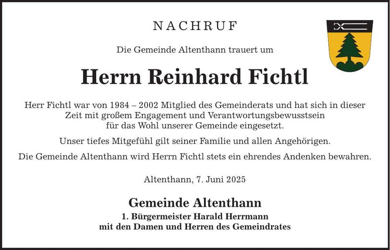 Traueranzeige Reinhard Fichtl