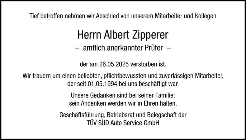 Traueranzeige Albert Zipperer