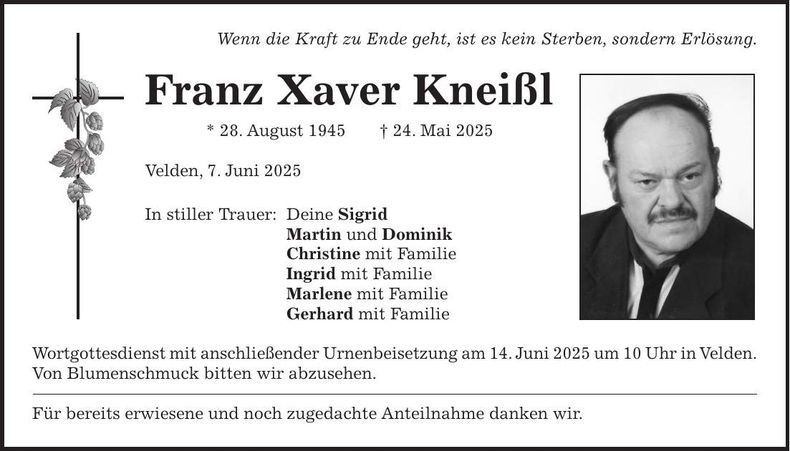Traueranzeige Franz Xaver Kneißl