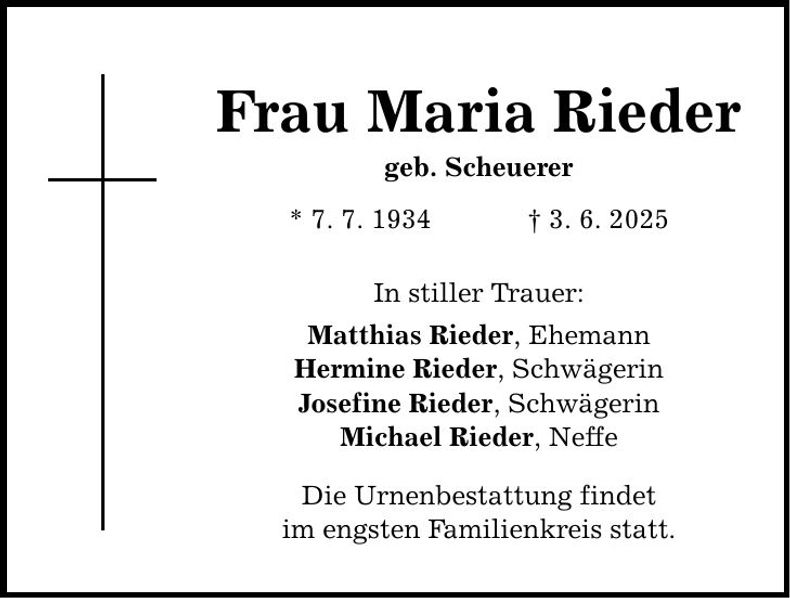 Traueranzeige Maria Rieder