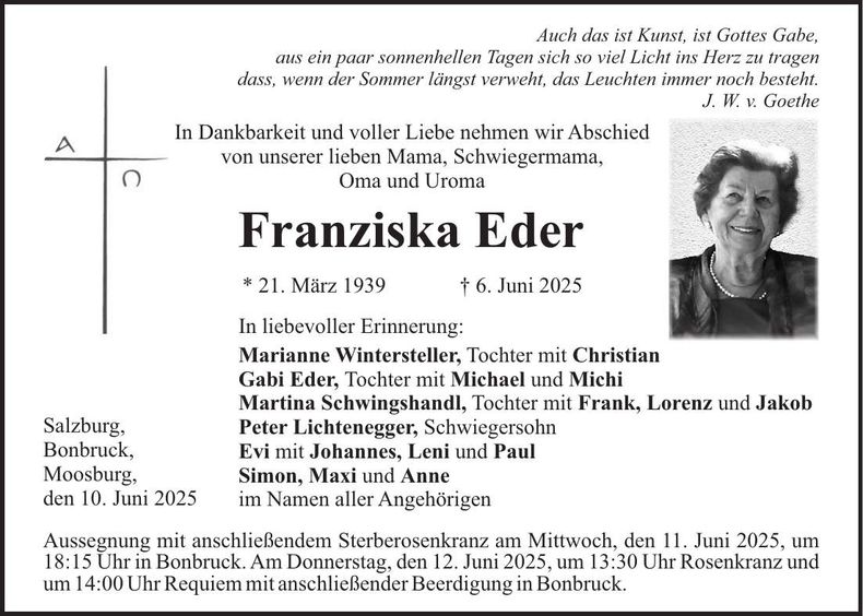 Traueranzeige Franziska Eder