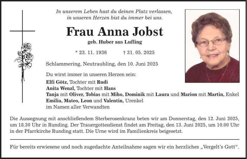 Traueranzeige Anna Jobst