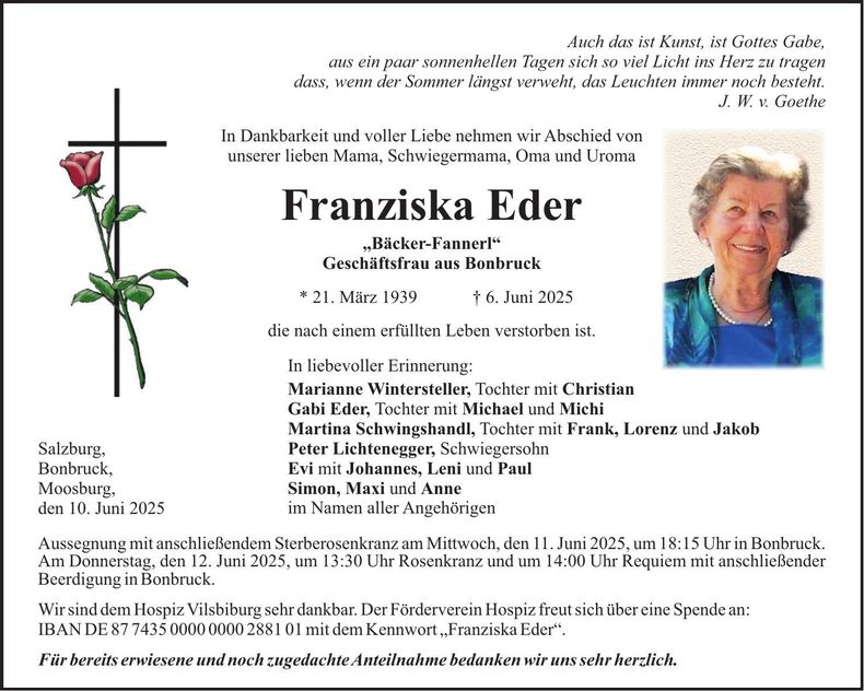 Traueranzeige Franziska Eder