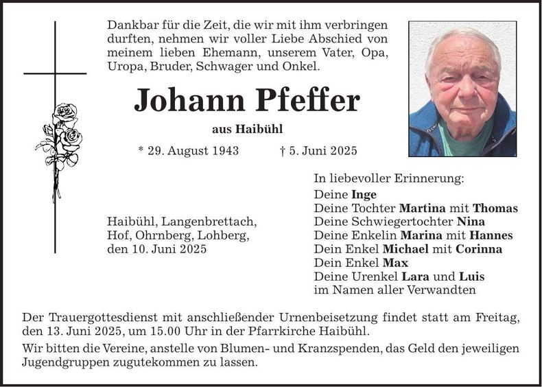 Traueranzeige Johann Pfeffer