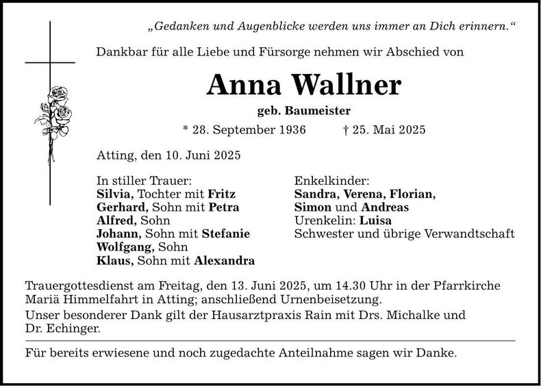 Traueranzeige Anna Wallner