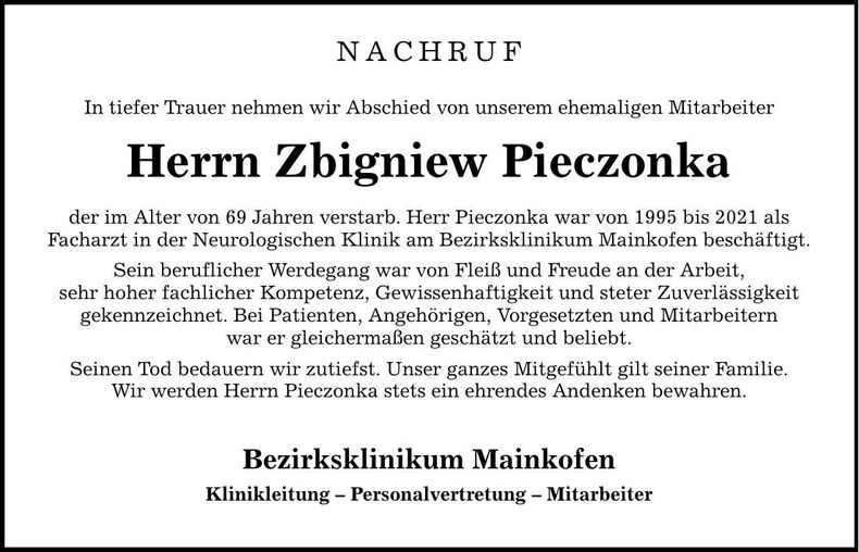Traueranzeige Zbigniew Pieczonka