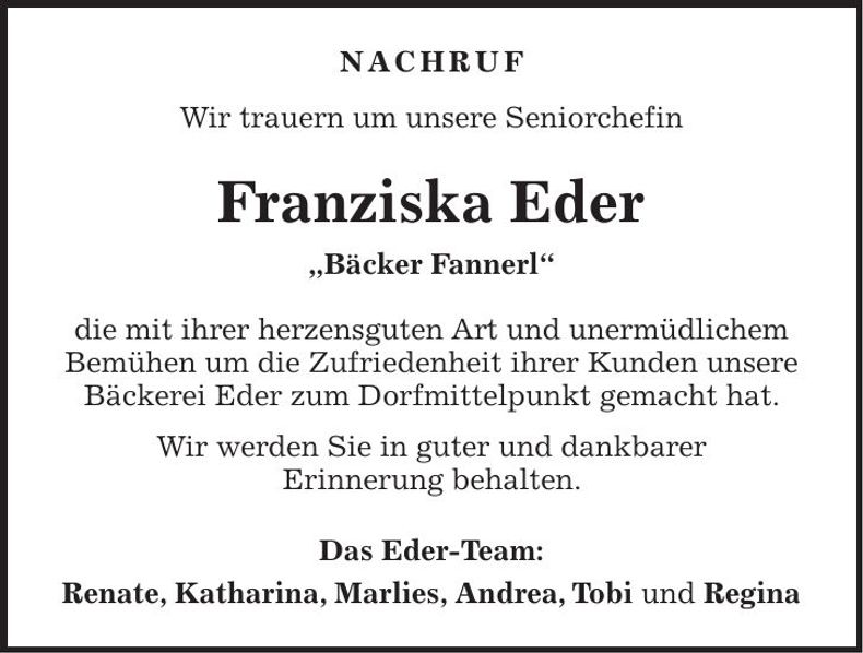 Traueranzeige Franziska Eder