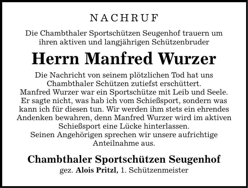 Traueranzeige Manfred Wurzer