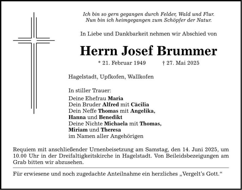 Traueranzeige Josef Brummer
