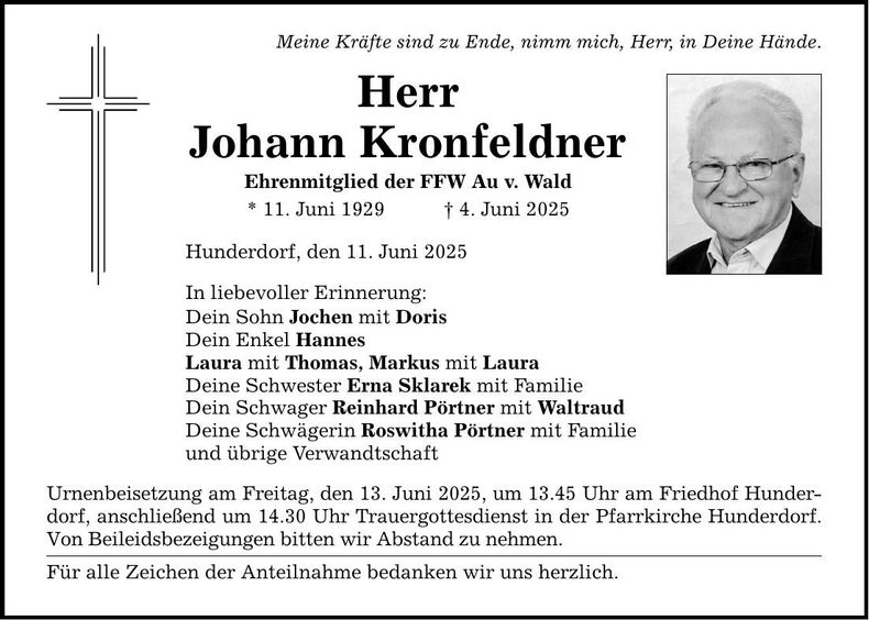 Traueranzeige Johann Kronfeldner