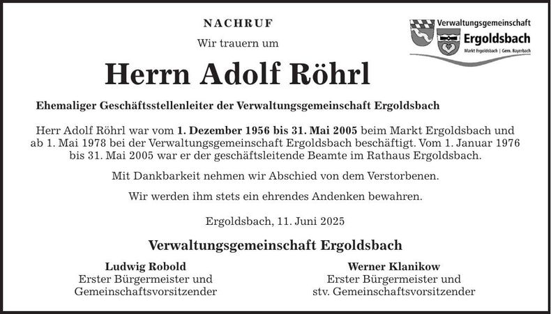 Traueranzeige Adolf Röhrl