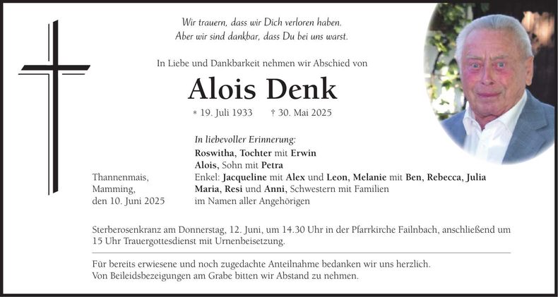 Traueranzeige Alois Denk