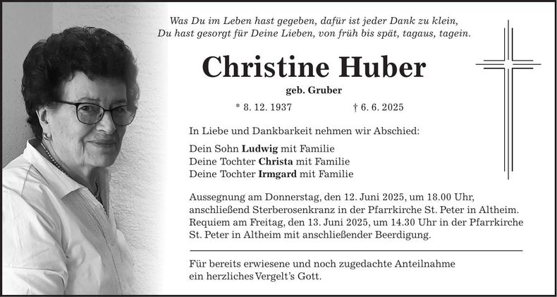 Traueranzeige Christine Huber