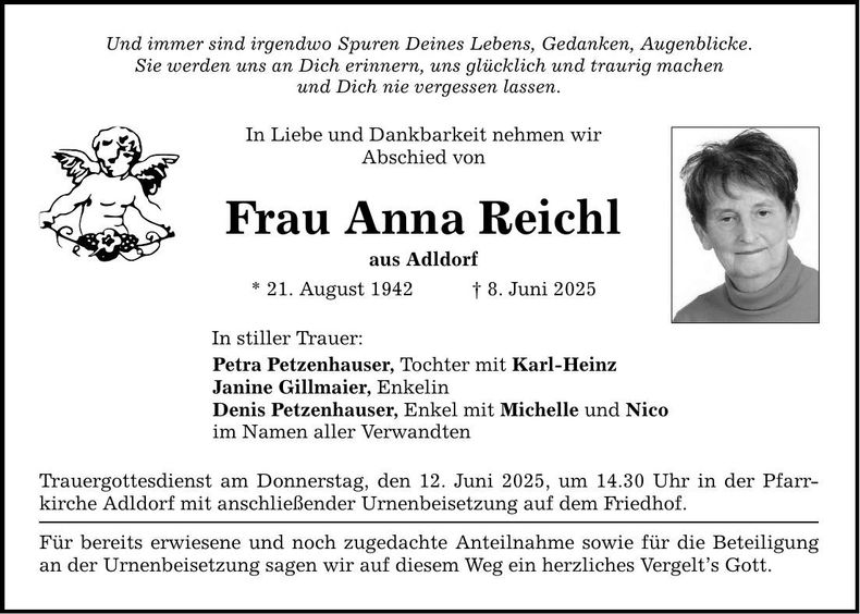 Traueranzeige Anna Reichl