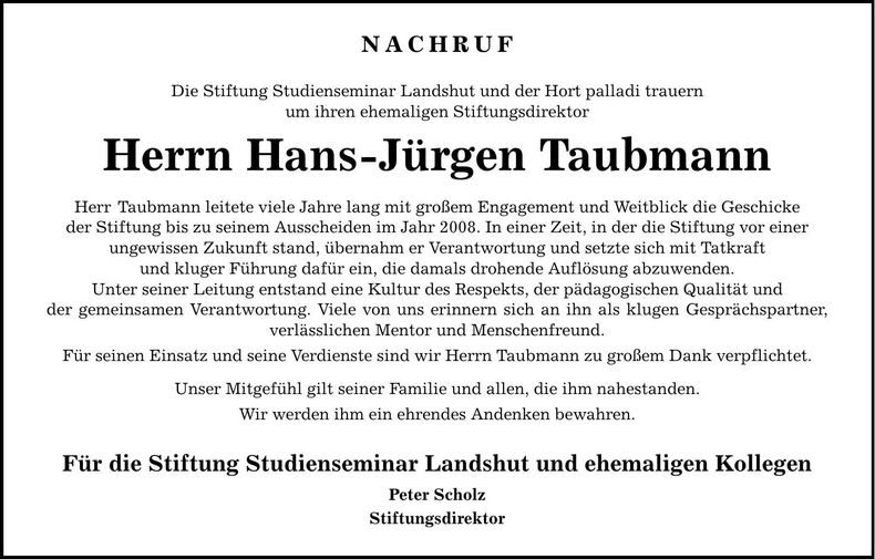 Traueranzeige Hans-Jürgen Taubmann