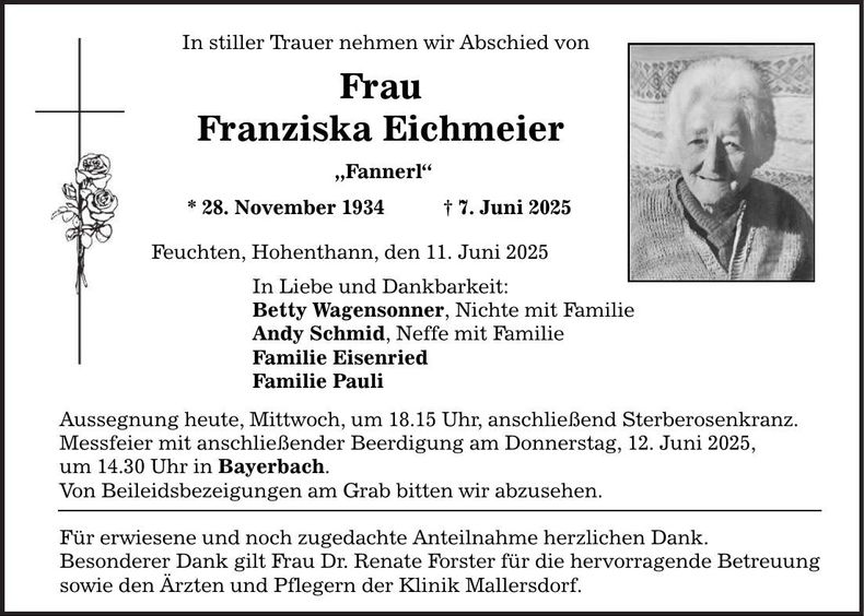 Traueranzeige Franziska Eichmeier