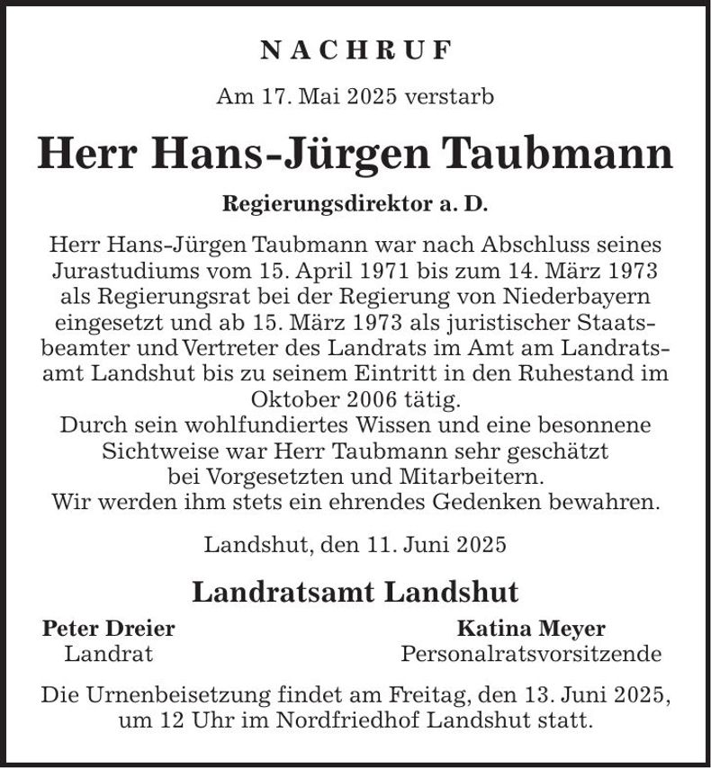 Traueranzeige Hans-Jürgen Taubmann