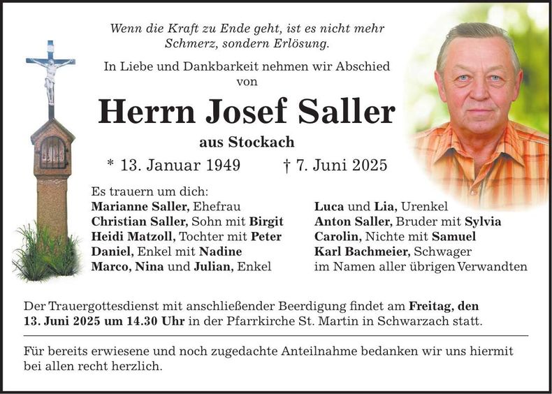 Traueranzeige Josef Saller