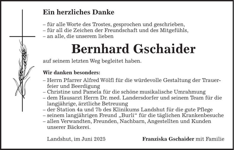 Traueranzeige Bernhard Gschaider