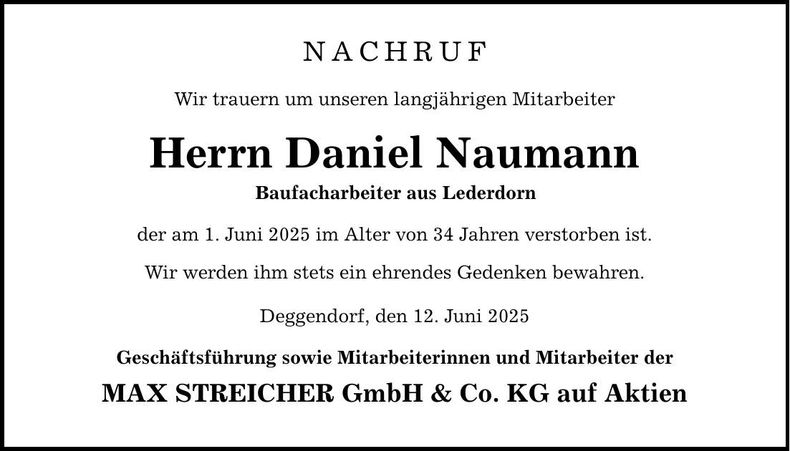 Traueranzeige Daniel Naumann