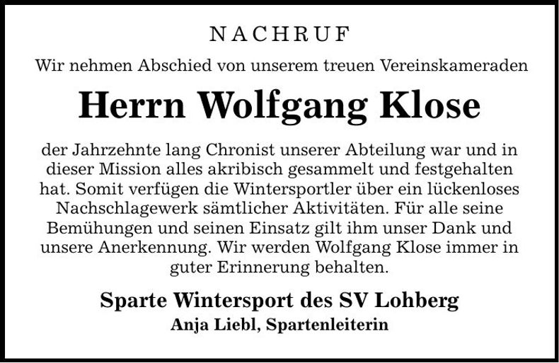 Traueranzeige Wolfgang Klose