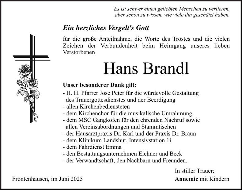 Traueranzeige Johann Brandl
