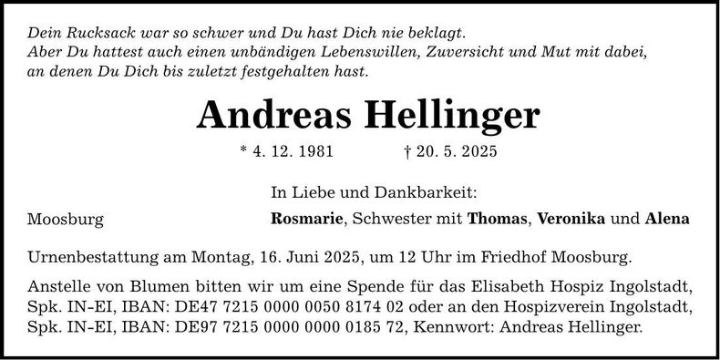 Traueranzeige Andreas Hellinger