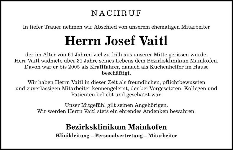 Traueranzeige Josef Vaitl
