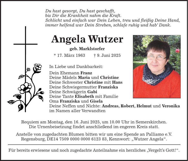 Traueranzeige Angela Wutzer