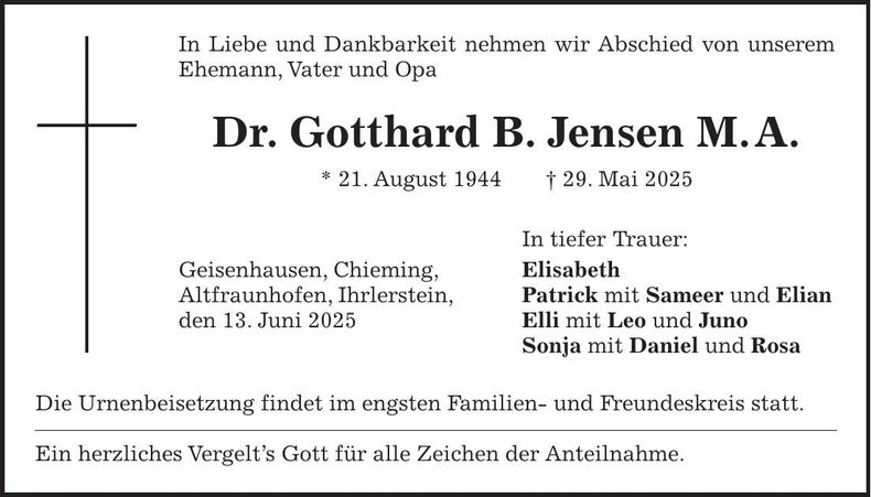 Traueranzeige Gotthard B. Dr. Jensen M.A.