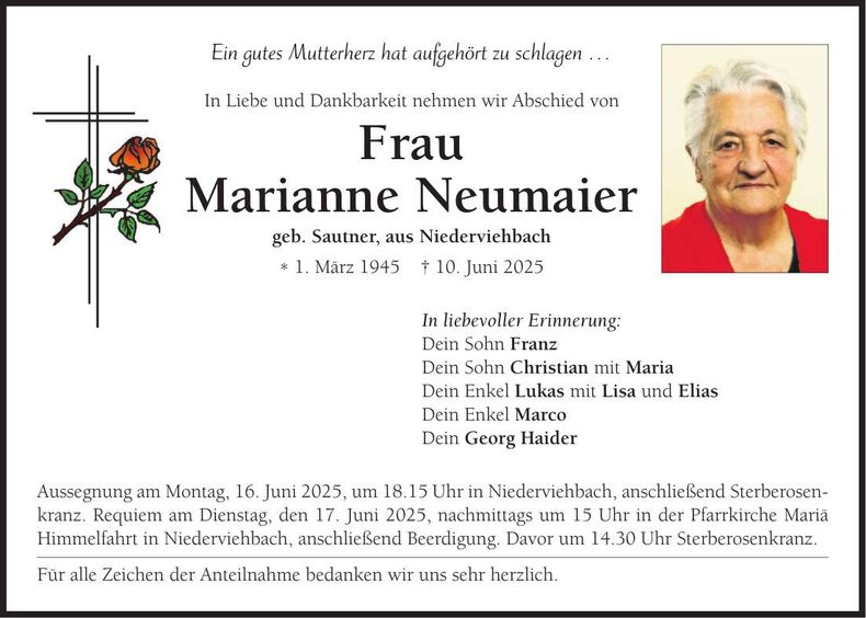 Traueranzeige Marianne Neumaier