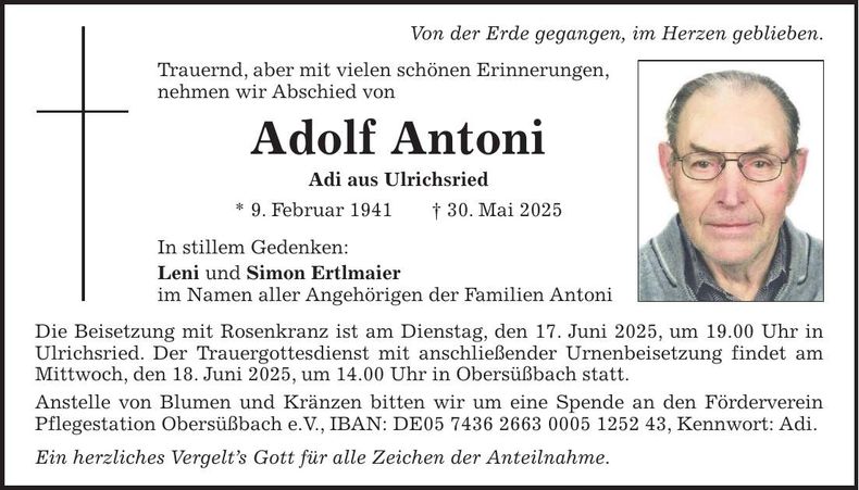 Traueranzeige Adolf Antoni