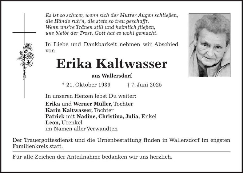 Traueranzeige Erika Kaltwasser