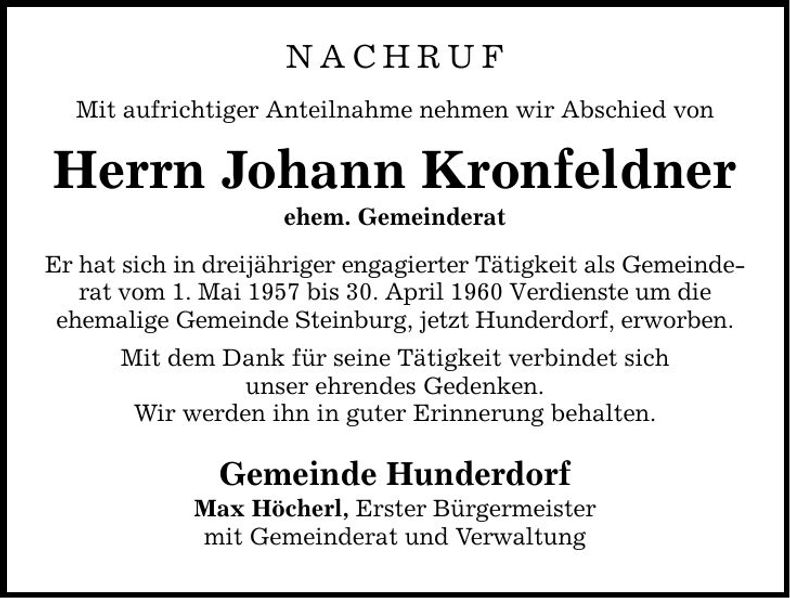 Traueranzeige Johann Kronfeldner