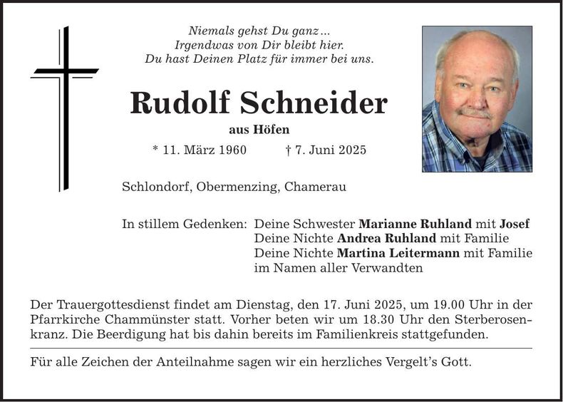 Traueranzeige Rudolf Schneider