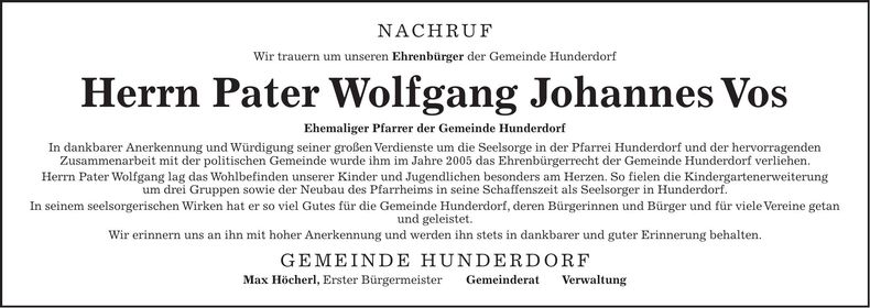 Traueranzeige Wolfgang Pfarrer Vos