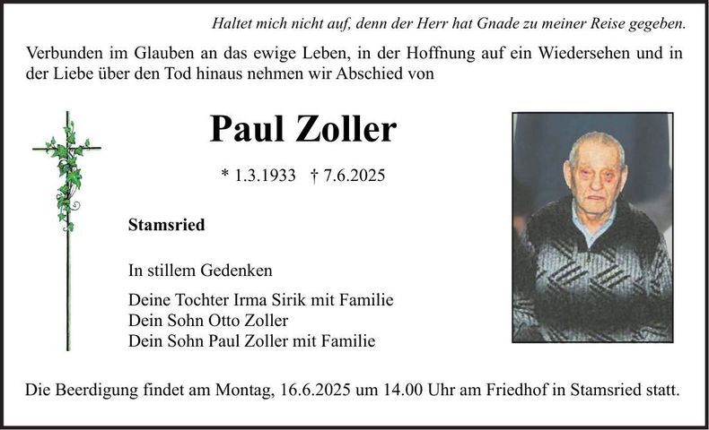 Traueranzeige Paul Zoller