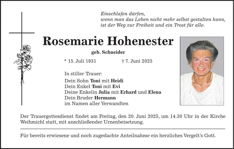 Traueranzeige Rosemarie Hohenester