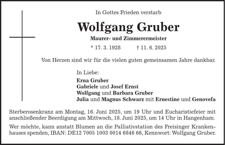 Traueranzeige Wolfgang Gruber