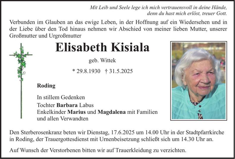 Traueranzeige Elisabeth Kisiala