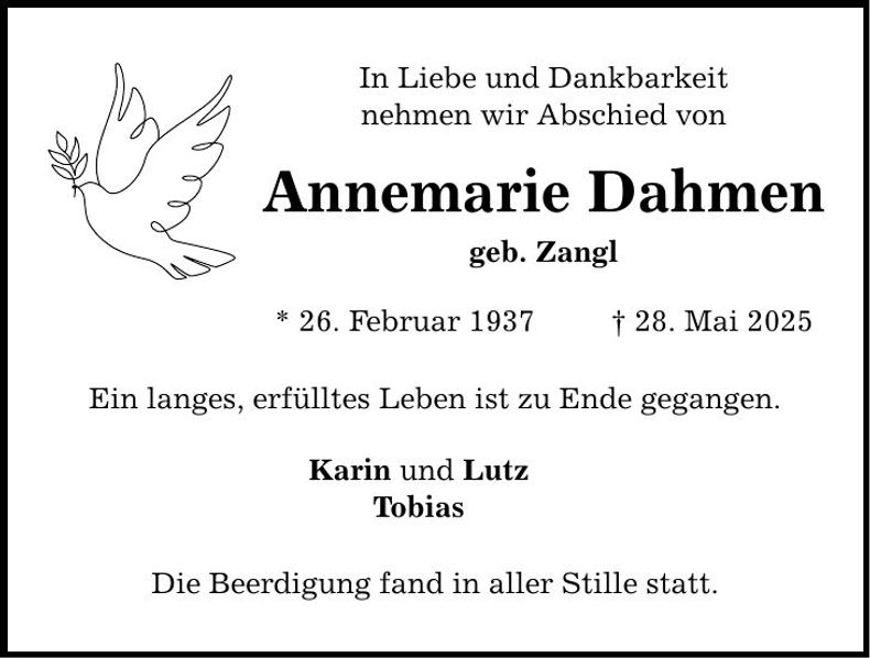 Traueranzeige Annemarie Dahmen