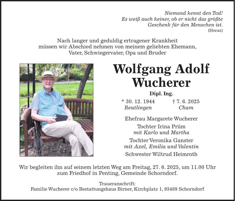 Traueranzeige Wolfgang Adolf Wucherer