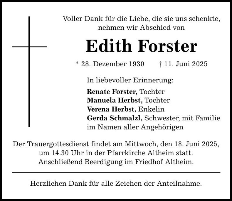 Traueranzeige Edith Forster