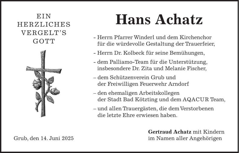 Traueranzeige Hans Achatz