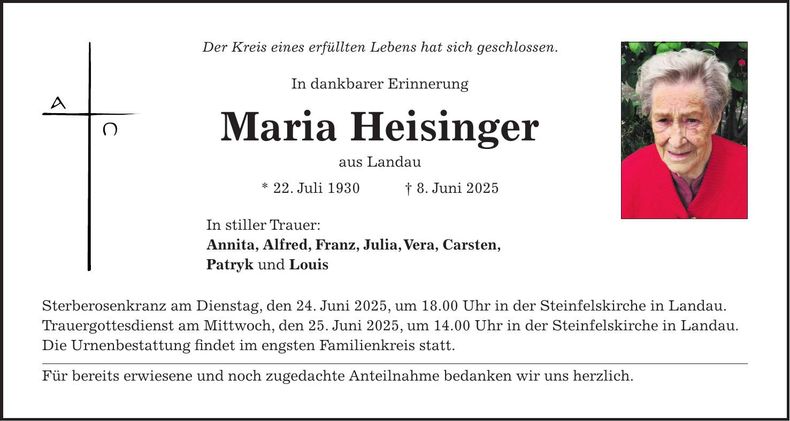 Traueranzeige Maria Heisinger