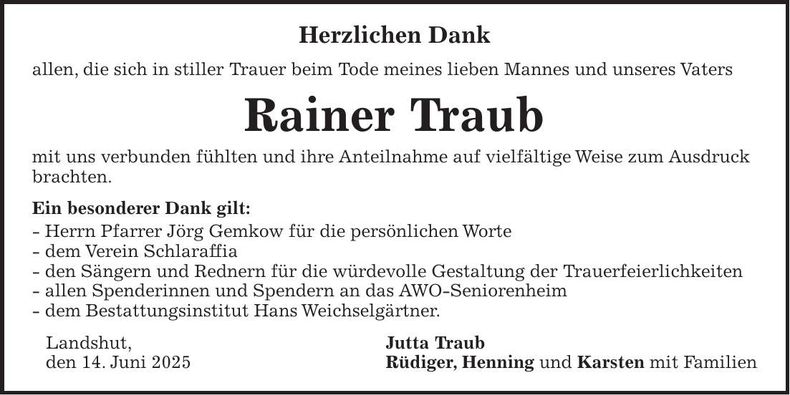 Traueranzeige Rainer Traub