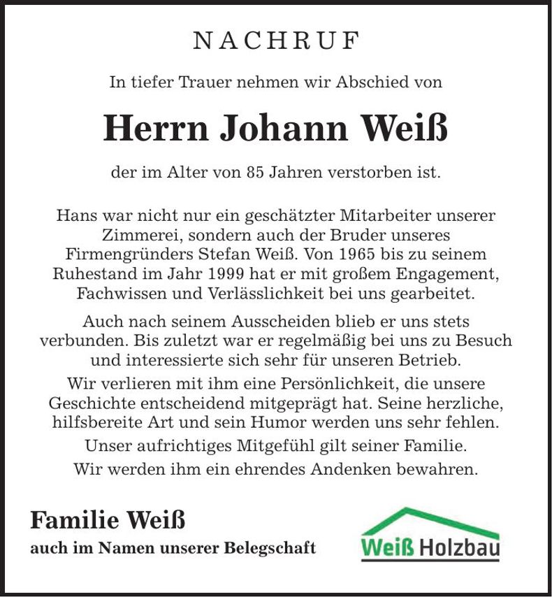 Traueranzeige Johann Weiß