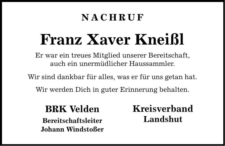 Traueranzeige Franz Xaver Kneißl