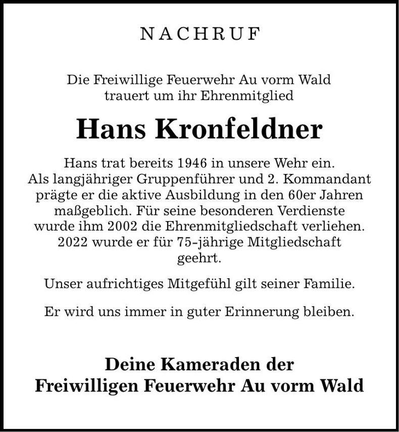 Traueranzeige Hans Kronfeldner