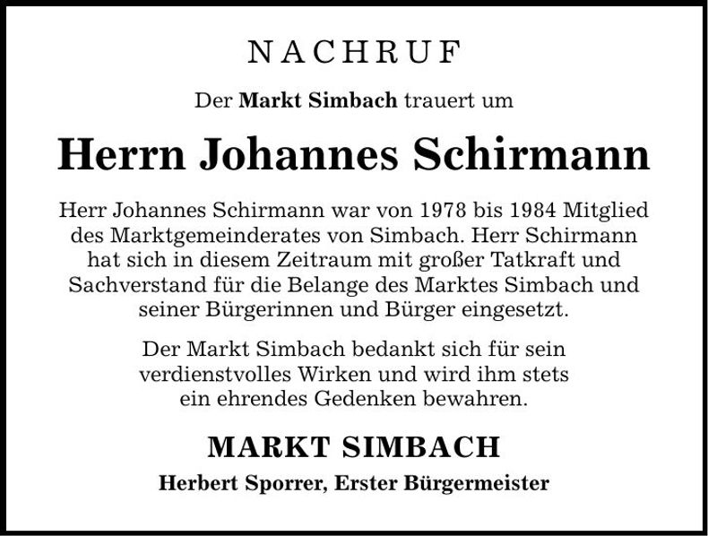 Traueranzeige Johannes Schirmann